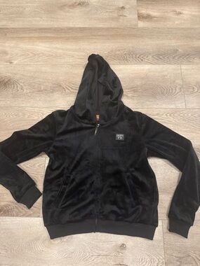Black Velour Zip Hoodie with Chest Patch